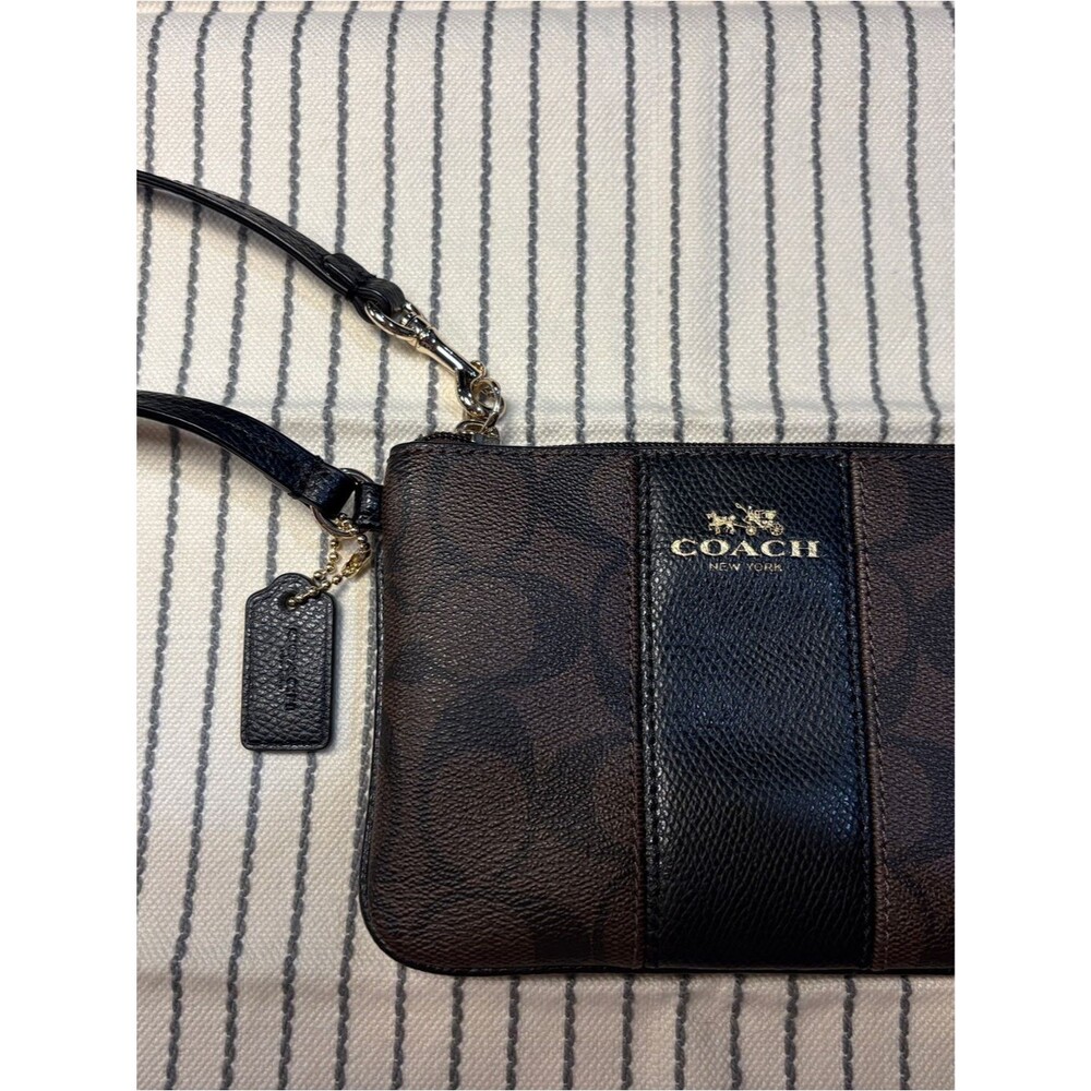 Coach Brown and Black Signature Wristlet with Gold Logo